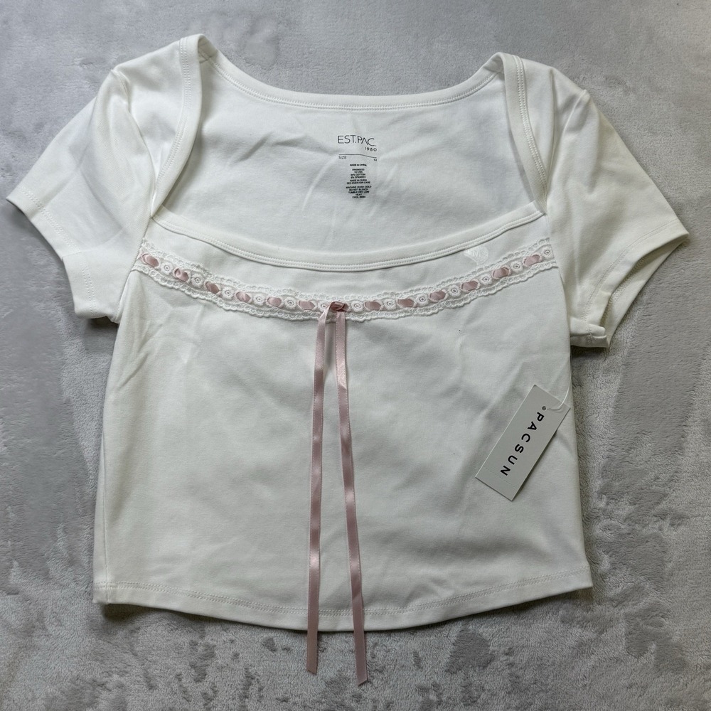 NWT EST PAC 1980 Baby Tee White Ribbon Lace Coquette Y2K Top Medium